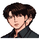 Pixel portrait of a young man with tousled brown hair and piercing blue eyes, his fair skin subtly shaded. A faint secondary profile is visible behind him.