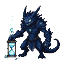 A shadowy, reptilian armored figure with glowing blue eyes and a sharp-toothed grin holds an hourglass, from which luminous blue particles flow upwards.