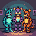 Three anthropomorphic bears in a dimly lit room. The central bear wears purple and holds a glowing orb, flanked by teal and orange bears. Framed pictures hang on the wall behind them.