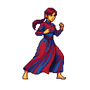 Determined female fighter in a two-toned red and blue dress, fists clenched, ready for action.