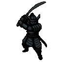 Lone samurai in dark segmented armor, katana raised, poised for action.