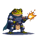 Pixel Art: frog knight with fire blaster (generated with AI by sandacz).