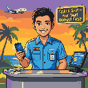 Young male airline ticket sales agent in blue uniform with name badge, holding smartphone and tickets, stands behind a digital booking desk. Tropical backdrop with palm trees, ocean, and sunset. Airplane in distance. Sign reads "Quick Seat – Your Seat Booked Fast."