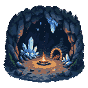 A dimly lit cave with a crackling campfire casting an orange glow on icy blue and white crystalline formations. A shadowed archway is visible in the background.