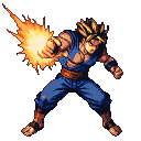 Warrior in ripped blue gi and orange sash unleashes a fiery energy blast from his fist.