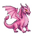 Vibrant pink dragon with golden eyes, sharp teeth, and spread wings in a crouched stance.