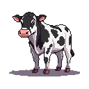 Black and white pixel art Holstein cow with gentle expression, looking left.