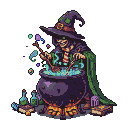 Cackling witch in a pointed hat and green cloak stirs a bubbling turquoise cauldron with a wooden spoon, surrounded by potion bottles and ancient tomes.
