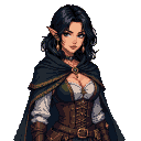 Pixel Art: Mulher meio demônio, de cabelo preto curto usando roupa de ladino, estilo RPG D&D, Full body (generated with AI by Fartar Shade).