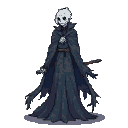 A skeletal figure in a tattered dark cloak with hollow eye sockets.