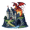 A stone chateau with turrets and flags burns as a red dragon emerges from a dark cave in a rocky cliffside.