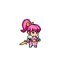 A determined warrior with vibrant pink hair and golden sword stands poised for adventure, her armored form radiating readiness.