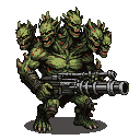 A hulking, five-headed mutant with green skin and dark bloody splotches grips a minigun.