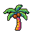 A stylized pixel art palm tree with green fronds, two brown coconuts, and a trunk made of pink, orange, and yellow pixels.