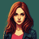 Young woman with flowing auburn hair, dark eyes, and a confident expression, wearing a pink top and dark textured jacket.