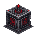 A menacing, cubic machine with pulsing crimson circuitry, a central red beacon, and glowing red accents. Stylized red demonic or mechanical symbols adorn its sides.