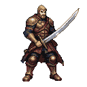 Stoic warrior in ornate golden armor and crimson tunic, holding a broadsword across his chest.