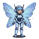 Sentient android with bright blue hair and shimmering holographic celestial wings, wearing a white, blue, dark gray, and lavender robotic suit.