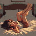 Woman with dark curly hair reclining on a bed in a suggestive pose, wearing a tank top and skirt.