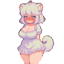 Shy, blushing anime character with large starry eyes, wearing a short frilly pastel dress and a fluffy white tail.