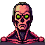 A menacing, pixelated skeletal figure with glowing green eyes and a grim expression, rendered in red and purple.