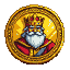Regal king with white beard and jeweled crown on a gold coin.