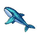 Majestic whale with shimmering blue and aquamarine hues, featuring four prominent lateral fins, glides through a dark void. Subtle sparkling highlights adorn its body, and its head is tilted upward with a small, dark eye.