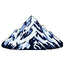 A snow-capped mountain peak with jagged, blue and white slopes.
