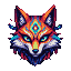 Psychedelic kitsune mask with piercing cyan eyes, rendered in vibrant oranges, blues, and purples with intricate swirling patterns.