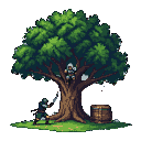 Lone assassin in white and grey perches in a leafy tree above a hunter in dark green with an axe.