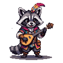 Anthropomorphic raccoon bard playing a lute, wearing a colorful medieval fantasy outfit with a feathered hat.