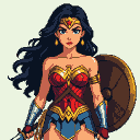 Wonder Woman in iconic red and gold armor, holding a sword and shield, with dark hair flowing.
