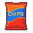 Red chip bag with an orange top and a diagonal blue band. The word "CHIPS" is in golden-yellow pixel font on the blue band.