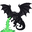 A black dragon with outstretched wings spews green acid.