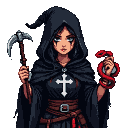 A hooded figure with dark circles under her eyes, wearing a tattered black tunic with a white inverted Christian cross, grips a red hand sickle in her right hand and has a coiled red snake around her left.