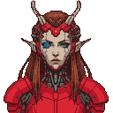 Pixel Art: cyborg elve woman in red armor portrait