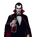 A pale vampire with glowing red eyes and a predatory smirk, wearing a black suit and flowing crimson-lined cape, holds a bottle of dark red liquid.
