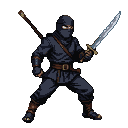A ninja wearing dark, flowing garments and a mask revealing only their eyes, grips a gleaming sword and has a staff slung across their back.