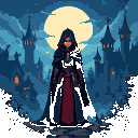 A cloaked, hooded figure with glowing anime eyes stands before an ancient castle under a colossal full moon.