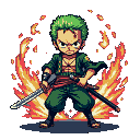 Chibi Roronoa Zoro with three swords, two drawn, surrounded by a vibrant, fiery orange and yellow aura against a black background.
