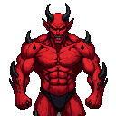 A muscular devil demon with crimson skin, sharp teeth, and glowing eyes, adorned with shoulder and forearm spikes.