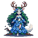 Forest spirit with a white body, blue floral dress, green hair, tree bark mask, deer antlers, and a branch-like tail.