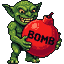 Mischievous green goblin with pointed ears and sharp teeth grins, holding a large red bomb with "BOMB" in pixelated letters.