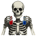 Pixel Art: skeleton holding red and blue potion like morpheus from matr...