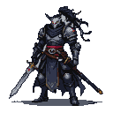 Masked knight in dark metallic armor, red sash, and flowing cape, holding a gleaming sword. Piercing red eyes are visible through the mask.