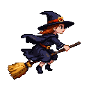 Young witch with auburn hair in a midnight blue robe and pointed hat flies on a rustic broomstick.