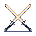 Two crossed, glowing golden lightsabers on a black background.