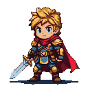 Young hero in ornate blue and gold armor, holding a sword, with spiky blonde hair and a red cape.