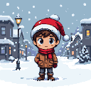 A young boy in a Santa hat, brown jacket, and red scarf stands in a snow-covered town square with snow-laden rooftops and a glowing streetlamp.
