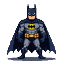 Batman in a grey suit with dark blue accents and a yellow bat symbol, standing heroically with a navy cape.